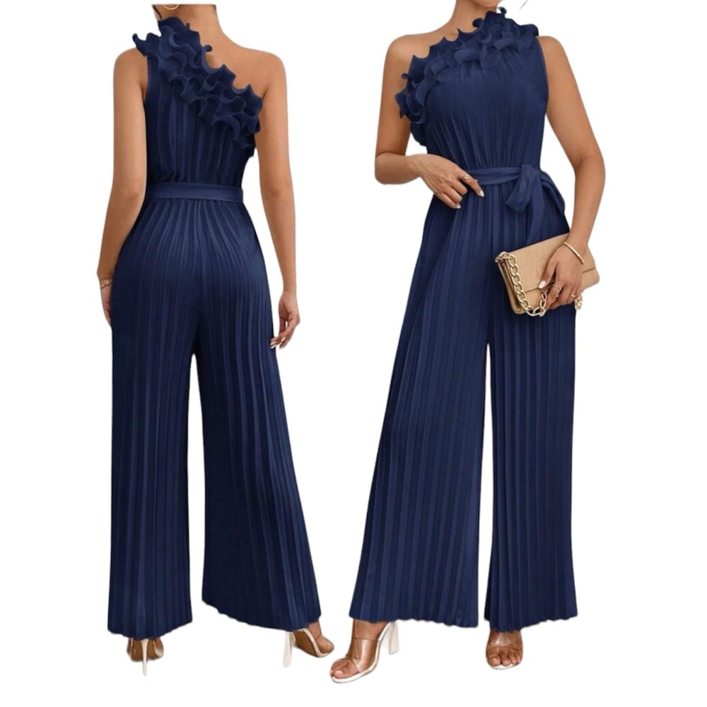 Navy Blue Pleated Asymmetrical Neckline Sleeveless Jumpsuit